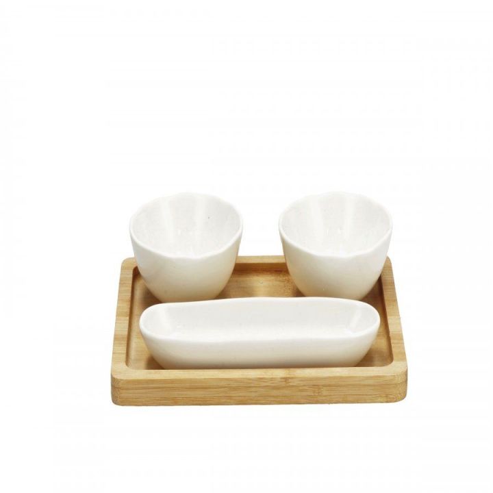 Set 3 ciotoline in ceramica bianca con vassoio in bamboo, 22 x 15,5 cm