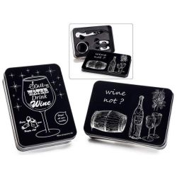 Confezione regalo in metallo con tre accessori da sommelier