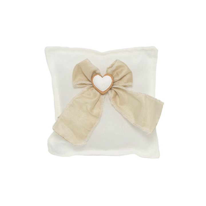 Cuscino quadrato bianco con fiocchetto tortora e cuore gessetto bianco
