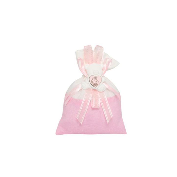 Sacchetto rosa/bianco con gessetto orso con carrozzina