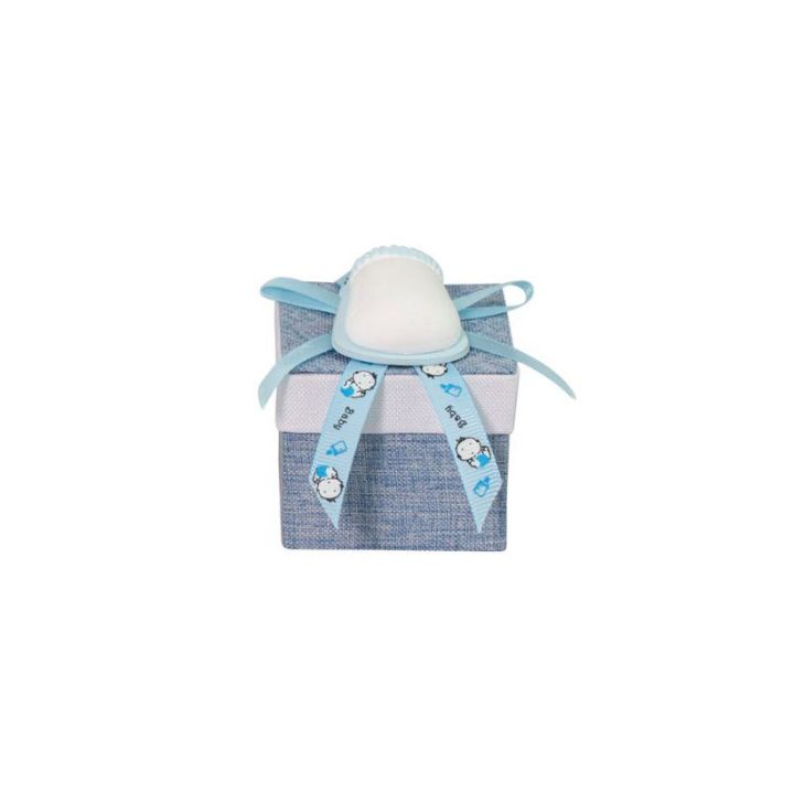 Scatolina portaconfetti jeans quadrata/cuore celeste con gessetti nasc