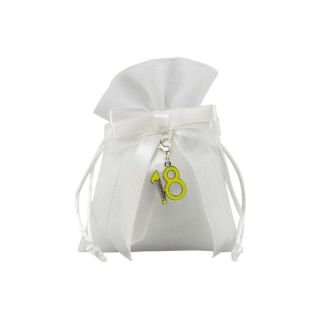 Sacchetto tipo lino bianco con charme 18 smaltato e strass