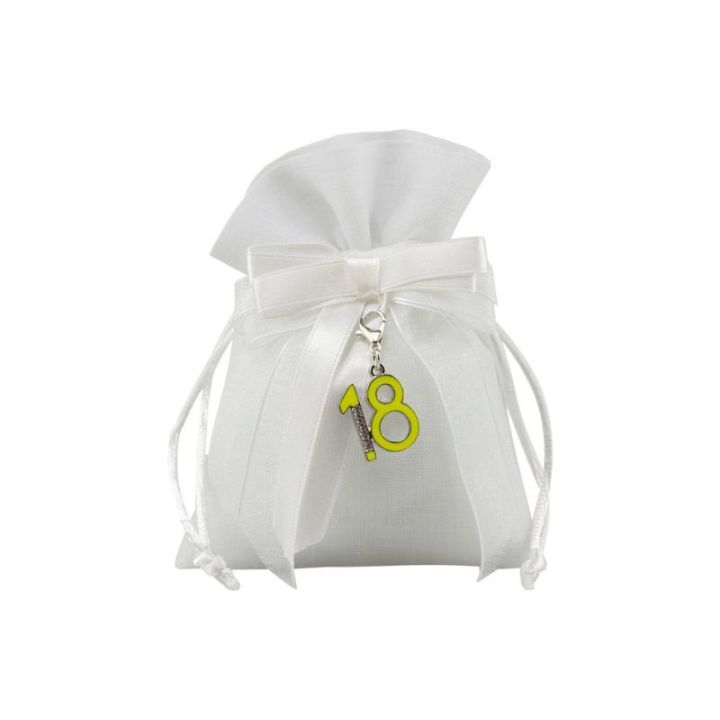 Sacchetto tipo lino bianco con charme 18 smaltato e strass