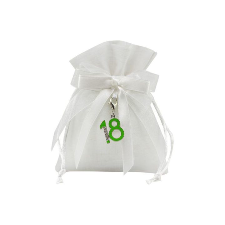 Sacchetto tipo lino bianco con charme 18 smaltato e strass