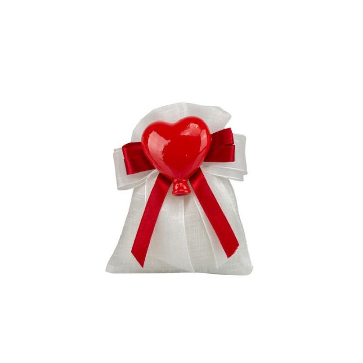 Sacchetto tipo lino bianco con magnete palloncino cuore