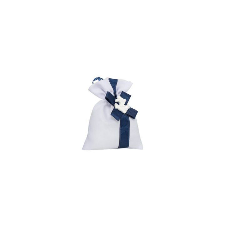 Sacchetto in cotone bianco con tiranti e nastro i blu con applicazioni