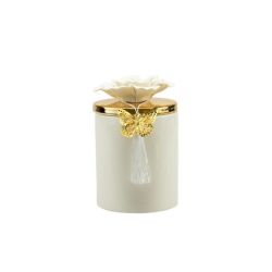 Scatola in porcellana bianca grande con coperchio oro e fiore bianco con candela profumata