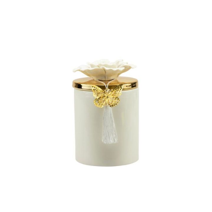 Scatola in porcellana bianca grande con coperchio oro e fiore bianco c