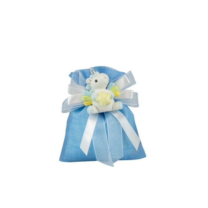 Sacchetto tipo lino celeste con magnete unicorno celeste