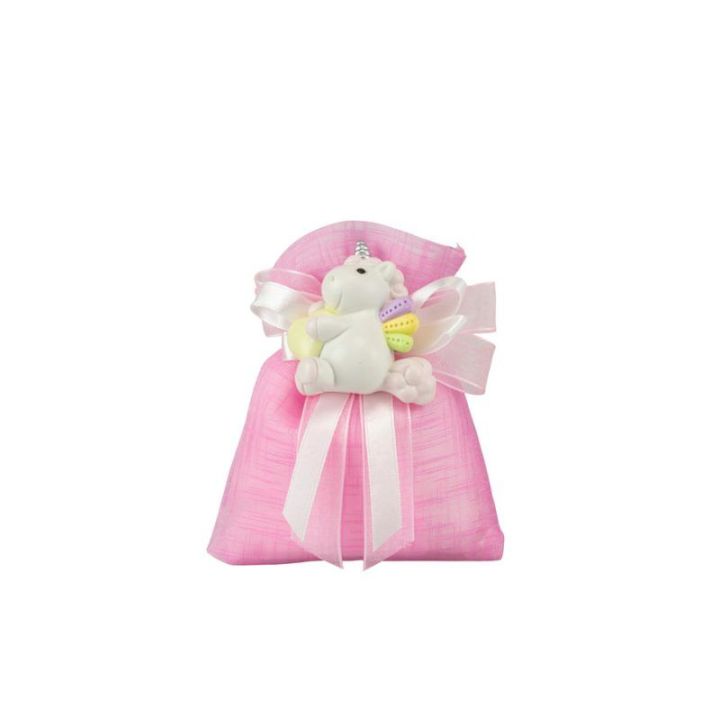 Sacchetto tipo lino rosa con magnete unicorno rosa