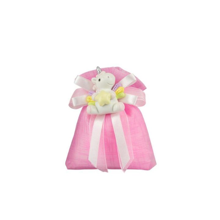 Sacchetto tipo lino rosa con magnete unicorno rosa