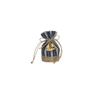 Sacchetto con base in cotone blu a righe e tiranti in corda con applic