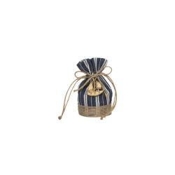 Sacchetto con base in cotone blu a righe e tiranti in corda con applicazioni marine in legno ortiti