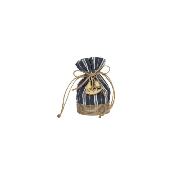Sacchetto con base in cotone blu a righe e tiranti in corda con applic