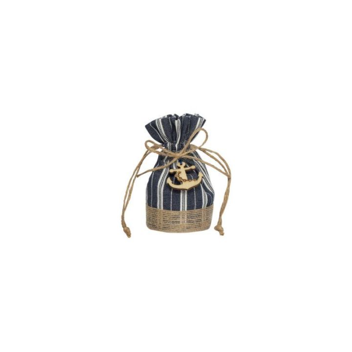 Sacchetto con base in cotone blu a righe e tiranti in corda con applic
