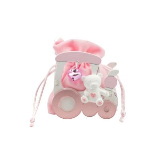 Scatolina in legno trenino con orsetto rosa