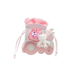 Scatolina in legno trenino con orsetto rosa