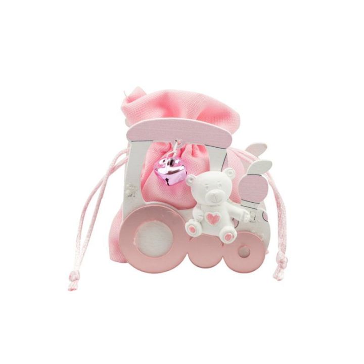Scatolina in legno trenino con orsetto rosa