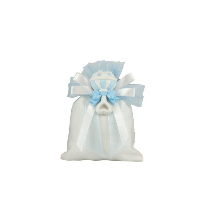 Sacchetto in cotone bianco/celeste con magnete soggetto bimbo celeste