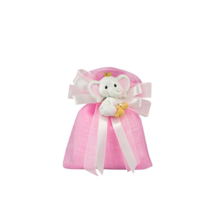 Sacchetto tipo lino rosa con magnete elefante bimba rosa