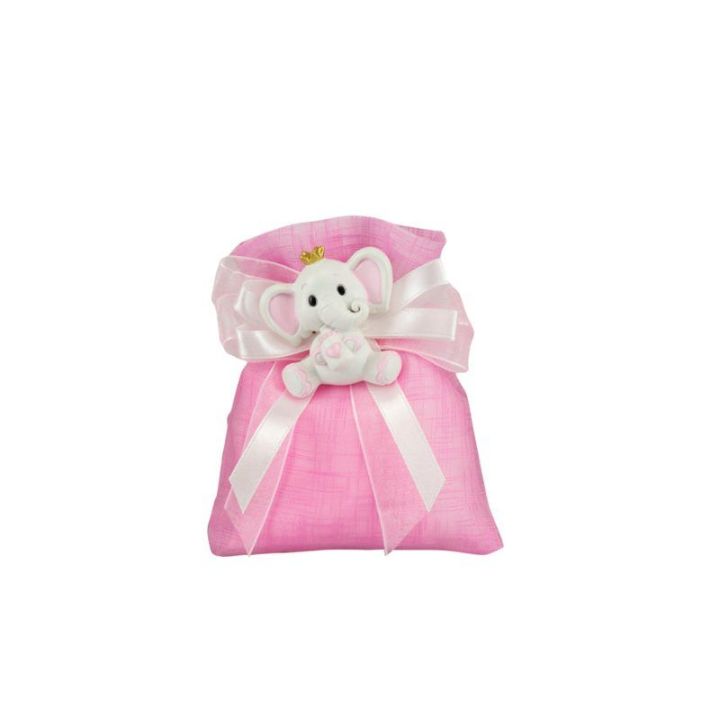 Sacchetto tipo lino rosa con magnete elefante bimba rosa