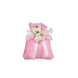 Sacchetto tipo lino rosa con magnete orsetto bimba rosa