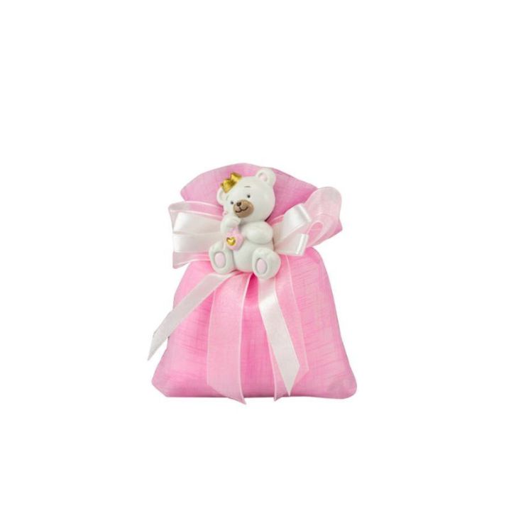 Sacchetto tipo lino rosa con magnete orsetto bimba rosa