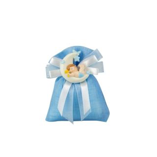 Sacchetto tipo lino celeste con magnete bimbo su luna celeste
