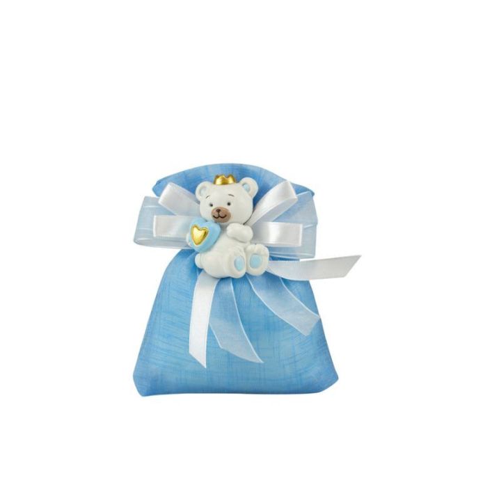 Sacchetto tipo lino celeste con magnete orsetto bimbo celeste