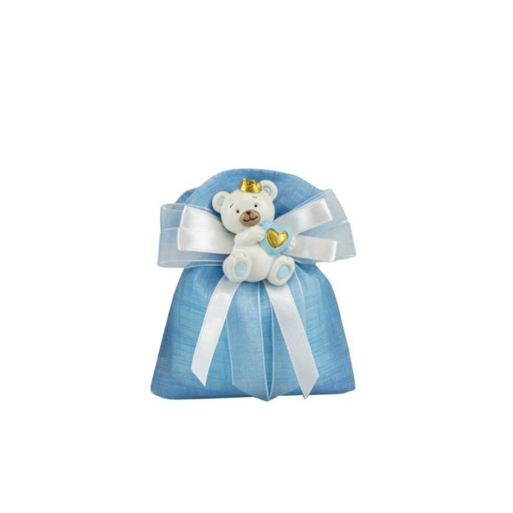 Sacchetto tipo lino celeste con magnete orsetto bimbo celeste