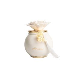 Scatola tonda porcellana bianca media con coperchio oro e fiore bianco con candela profumata