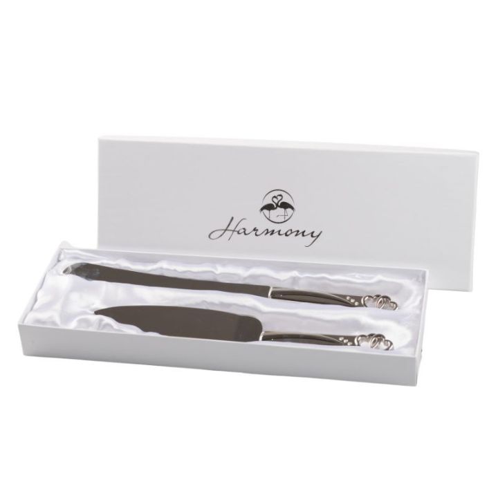 Set pala e coltello torta argento dec. doppio cuore con strass