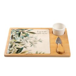Tagliere rettangolare legno e porcellana decoro foglie con coltellino e ciotolina porta salse inclusi