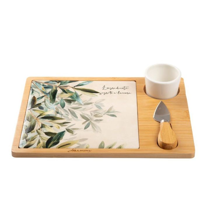 Tagliere rettangolare legno e porcellana decoro foglie con coltellino