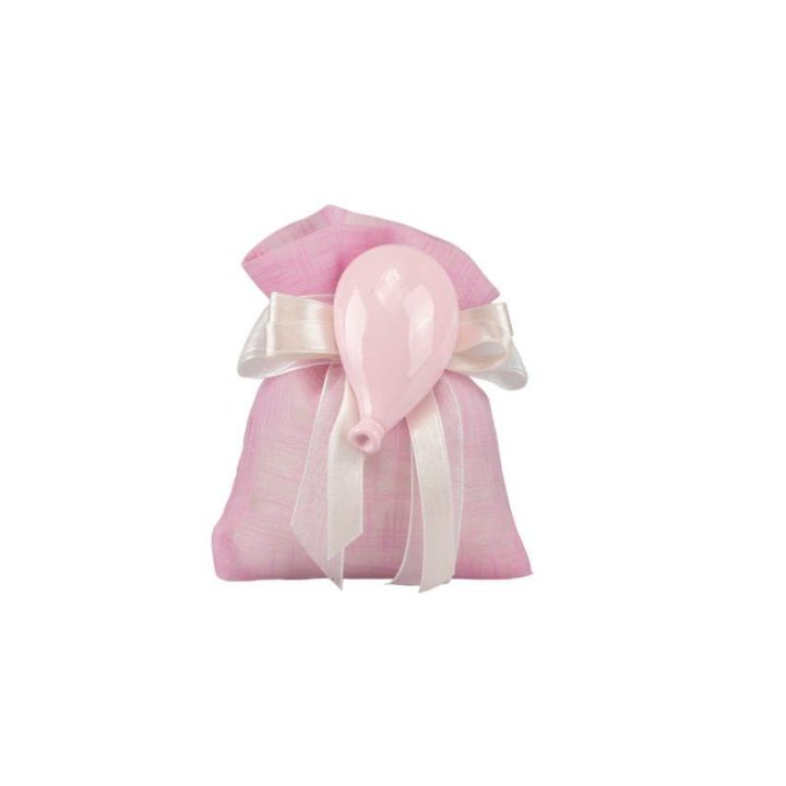 Sacchetto tipo lino rosa con magnete palloncino rosa