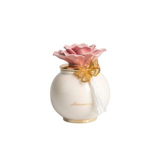 Scatola tonda porcellana bianca grande con coperchio oro e fiore rosa