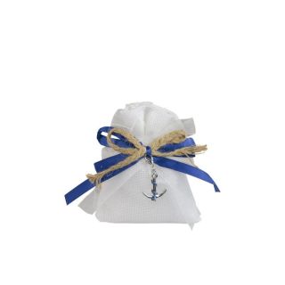 Sacchetto bianco juta marino con nastro o blu e cordoncino con charme