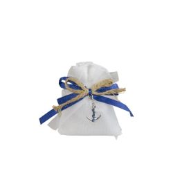 Sacchetto bianco juta marino con nastro o blu e cordoncino con charme ancora + faro