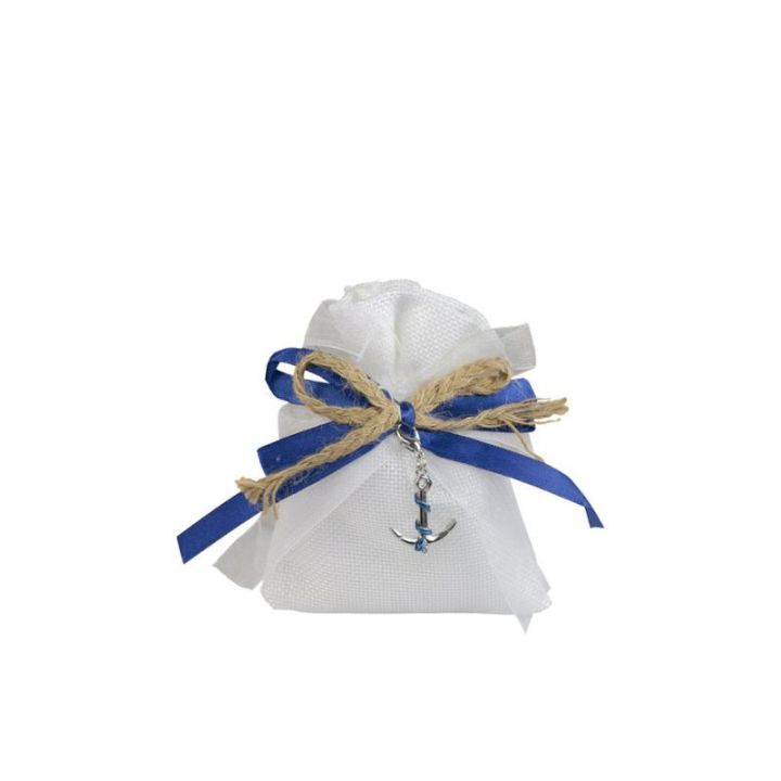 Sacchetto bianco juta marino con nastro o blu e cordoncino con charme