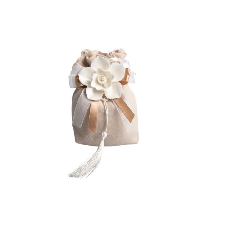 Sacchettone tortora con fiore porcellana bianco con fiocco e magnete