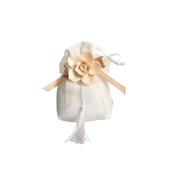 Sacchettone bianco con fiore porcellana cream con fiocco e magnete