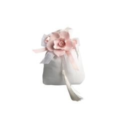Sacchettone bianco con fiore porcellana rosa con fiocco e magnete