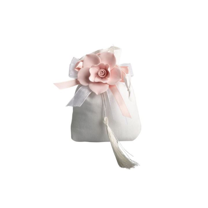 Sacchettone bianco con fiore porcellana rosa con fiocco e magnete