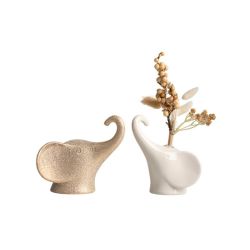 Set coppia teste di elefanti profumatore bianco/satin oro porcellana con pampas