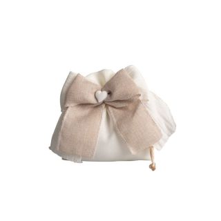 Sacchetto crema cotone con doppio fiocco bianco/tortora con cuore gess