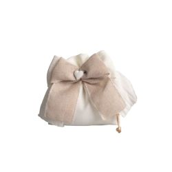 Sacchetto crema cotone con doppio fiocco bianco/tortora con cuore gesso