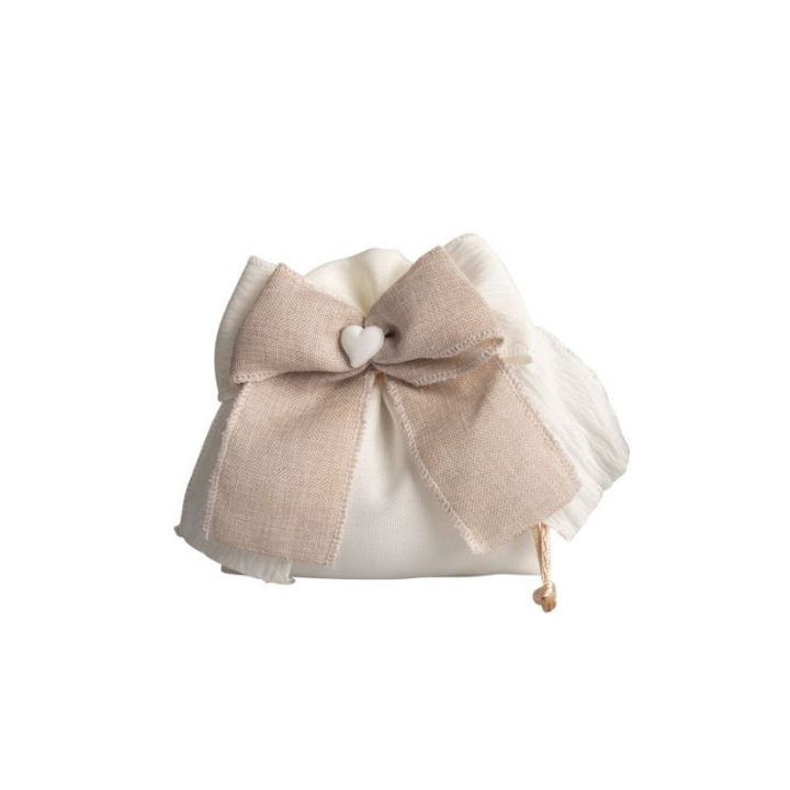 Sacchetto crema cotone con doppio fiocco bianco/tortora con cuore gess