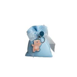 Sacchetto celeste con portachiavi orsetto con palloncino celeste