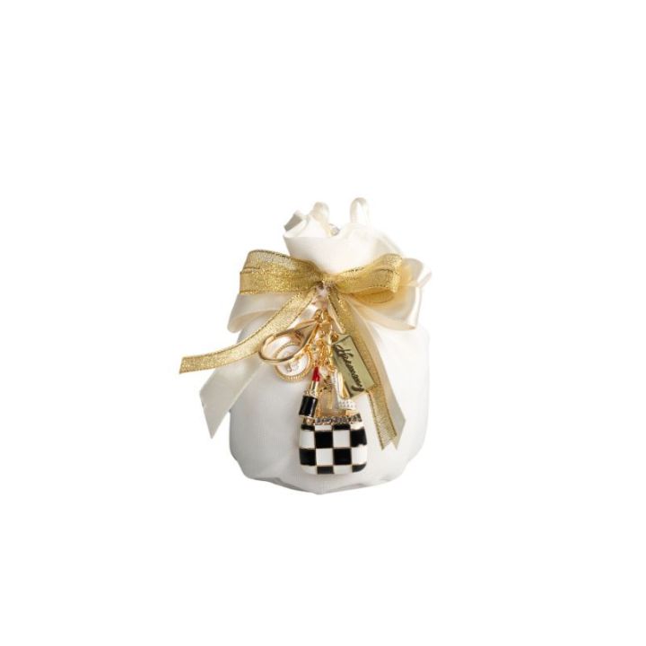 Portachiavi borsetta a scacchi con fiocco strass con charms