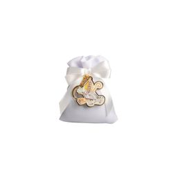 Sacchetto bianco con portachiavi cresima comunione oro finish